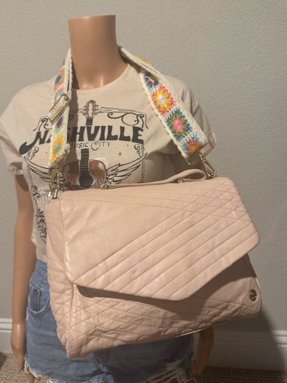 Tory Burch Quilted Light Pink Shoulder Bag with Floral Strap